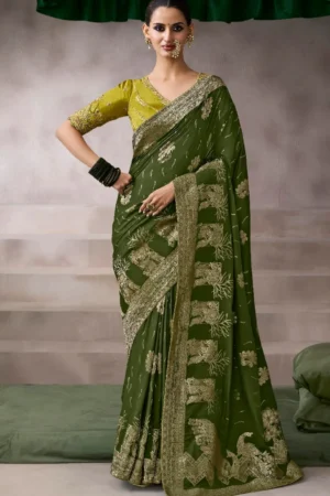 Mehendi Green Zari Work Crepe Pre Stitched Saree   7810