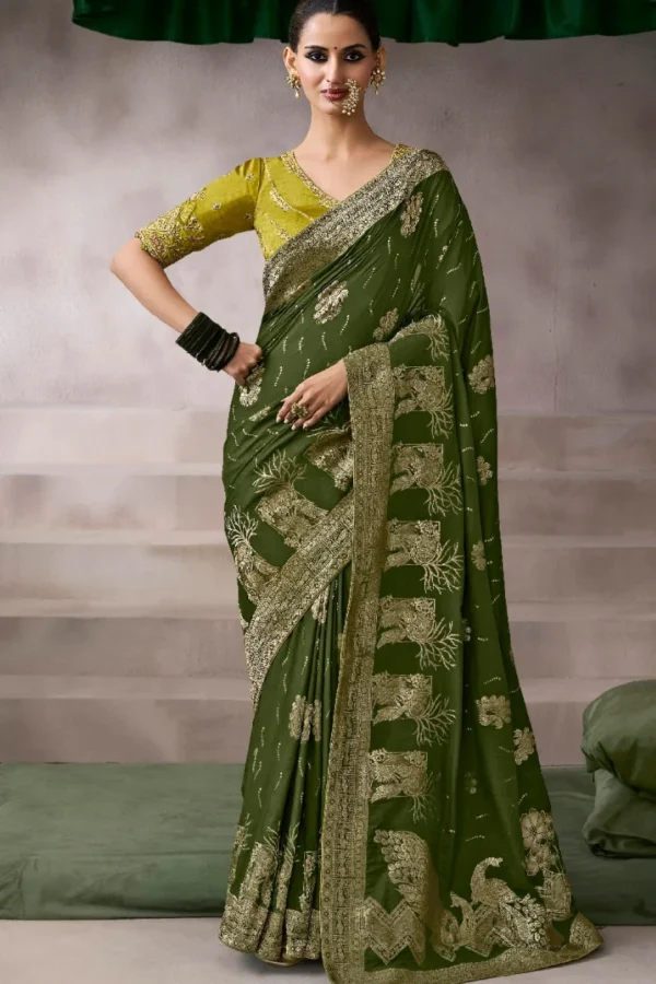 Mehendi Green Zari Work Crepe Pre Stitched Saree   7810