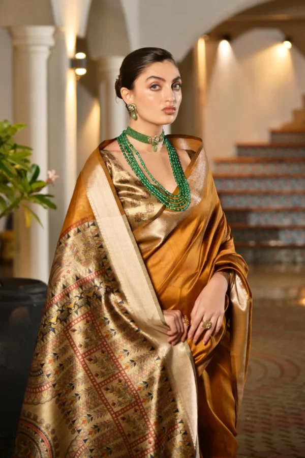 Mustard Khadi Silk Pre Stitched Saree   33002 (1)