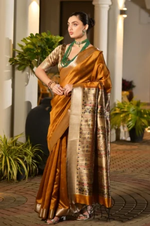 Mustard Khadi Silk Pre Stitched Saree   33002