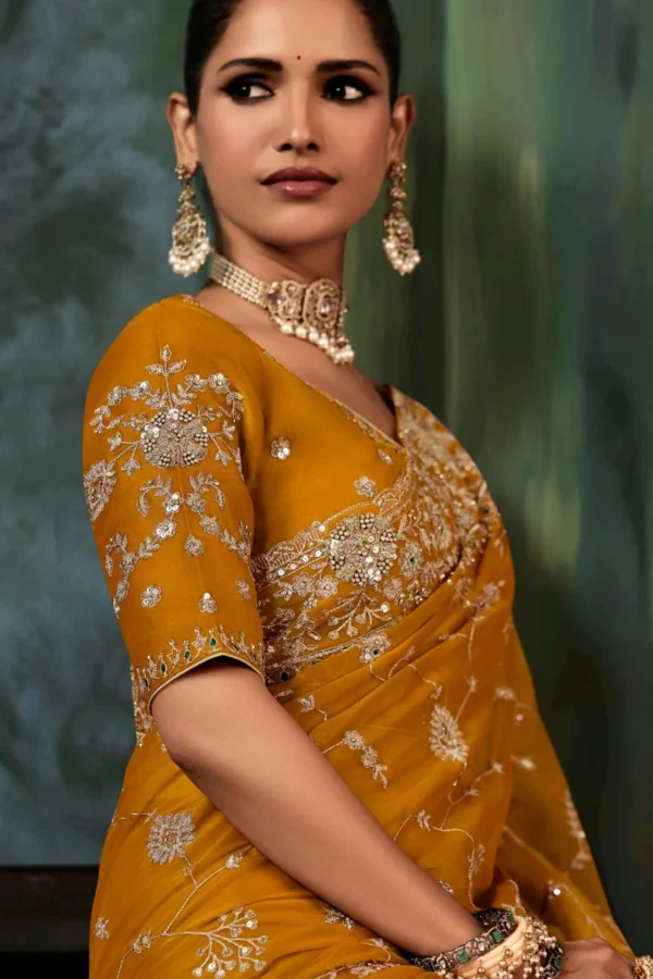 Mustard Pure Silk Heavy Work Pre Stitched Saree 5550 (1)