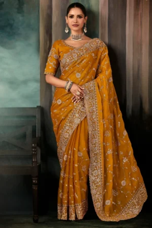 Mustard Pure Silk Heavy Work Pre Stitched Saree 5550