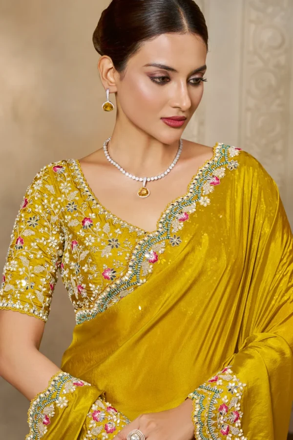 Mustard Satin Silk Heavy Work Pre Stitched Saree   25811 (1)