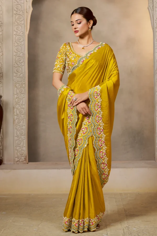 Mustard Satin Silk Heavy Work Pre Stitched Saree   25811
