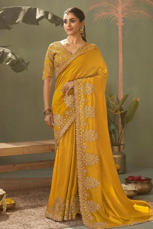 Mustard Silk Zari Work Ready To Wear Saree   8101