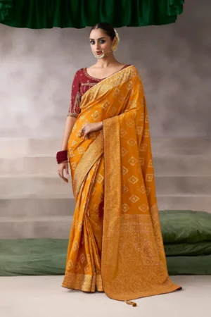 Mustard Zari Work Crepe Pre Stitched Saree   7801