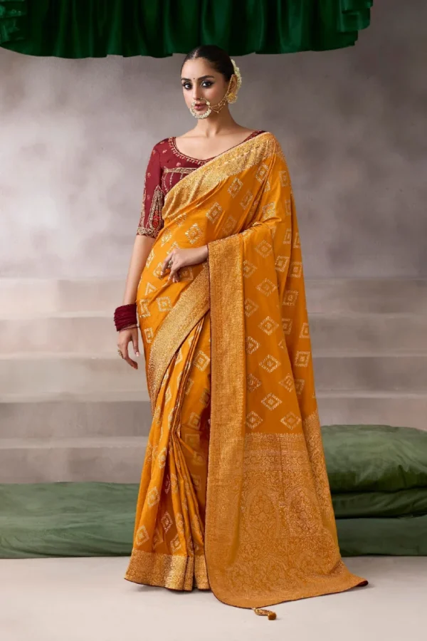 Mustard Zari Work Crepe Pre Stitched Saree   7801