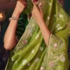 Olive Green Heavy Embroidered Silk Saree 466 (2)