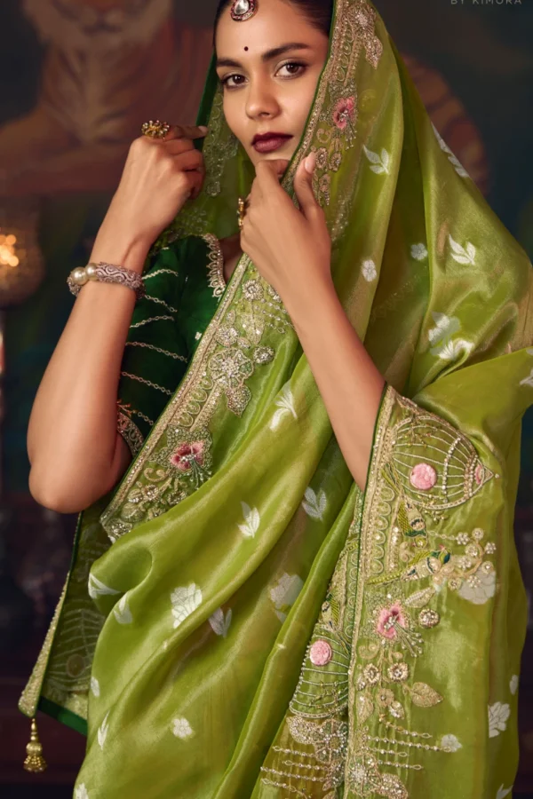 Olive Green Heavy Embroidered Silk Saree 466 (2)