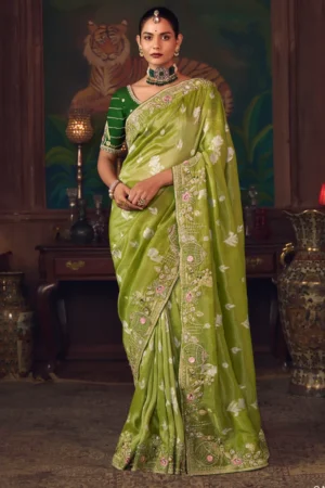 Olive Green Heavy Embroidered Silk Saree 466