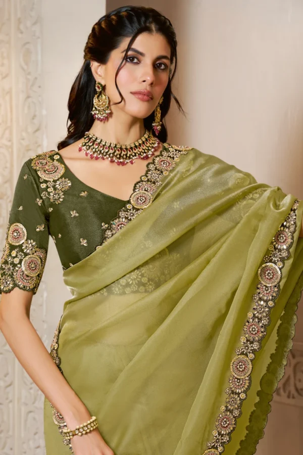 Olive Organza Satin Handwork Ready To Wear Saree   25813 (1)