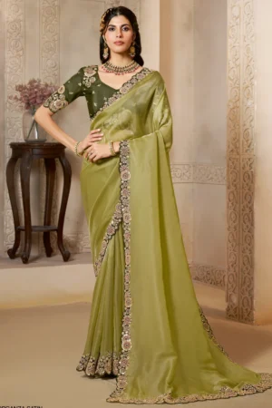 Olive Organza Satin Handwork Ready To Wear Saree   25813
