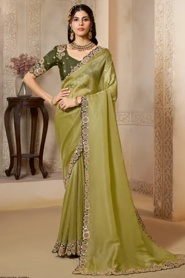 Olive Organza Satin Handwork Ready To Wear Saree   25813