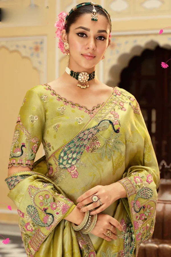 Olive Pure Jacquard Silk Pre Stitched Saree   7807 (1)