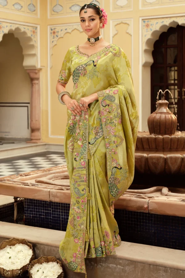 Olive Pure Jacquard Silk Pre Stitched Saree   7807