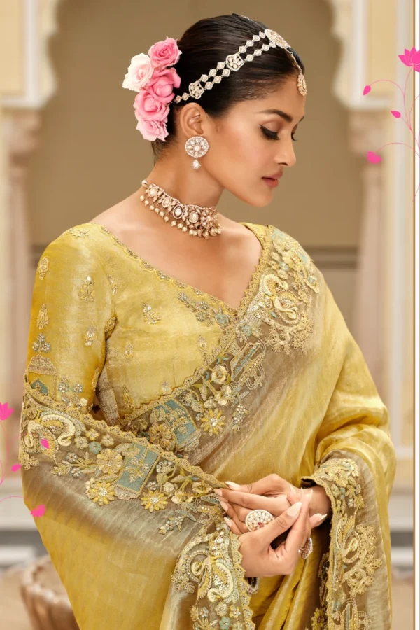 Olive Yellow Pure Jacquard Silk Pre Stitched Saree   7810 (1)