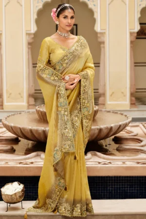 Olive Yellow Pure Jacquard Silk Pre Stitched Saree   7810