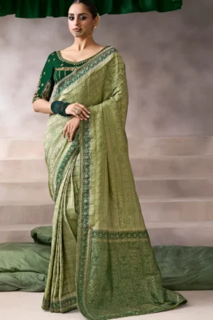 Olive Zari Work Crepe Pre Stitched Saree   7802