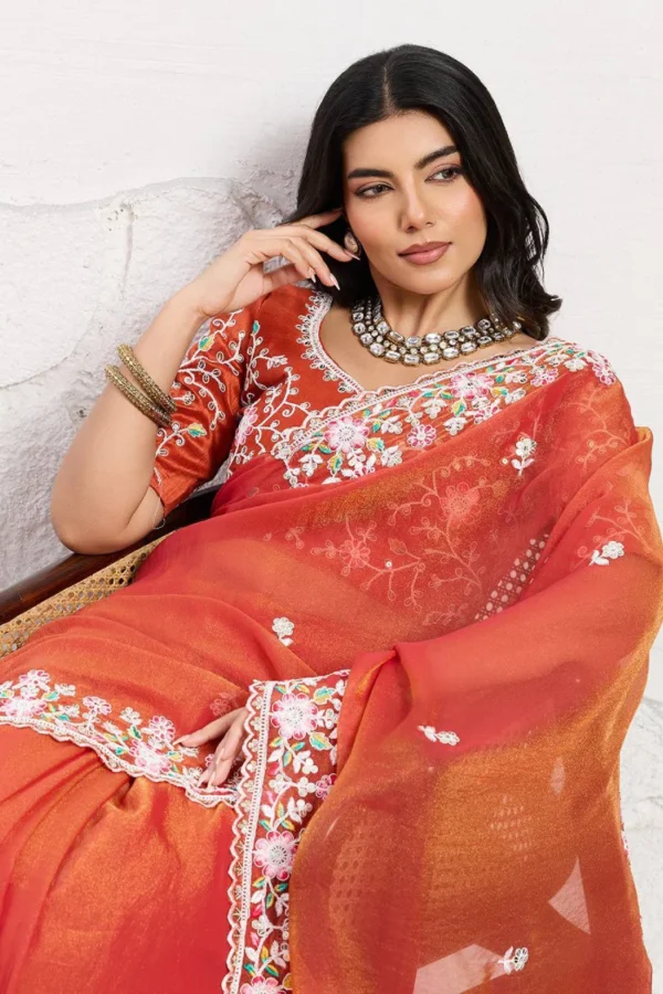 Orange Chiffon Embroidered Saree- Ready To Wear Saree