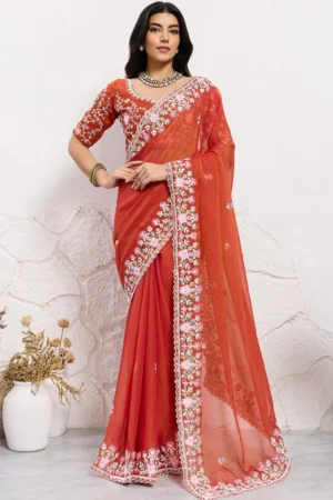 Orange Chiffon Embroidered Saree- Ready To Wear Saree