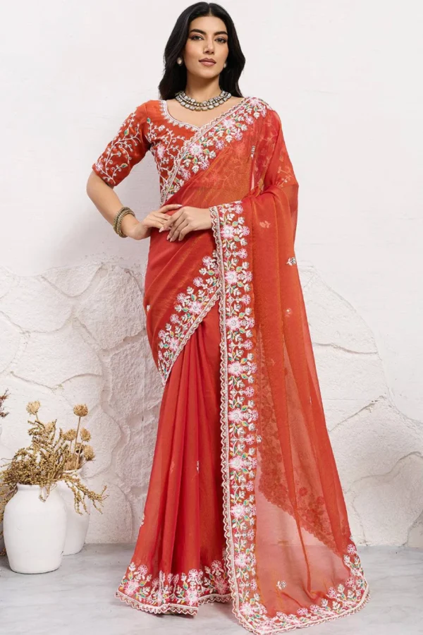 Orange Chiffon Embroidered Saree- Ready To Wear Saree