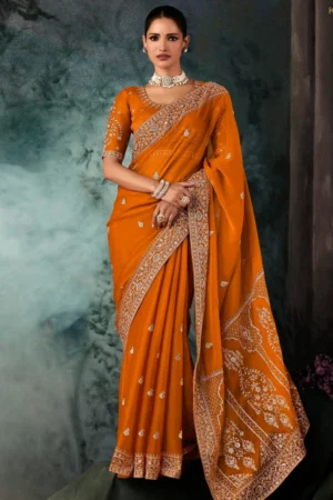 Orange Pure Silk Heavy Work Pre Stitched Saree 5542