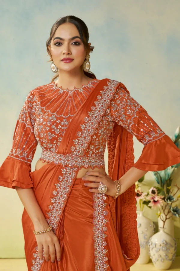 Orange Satin Silk Heavy Embroidered Ready To Wear Saree  25711 (1)
