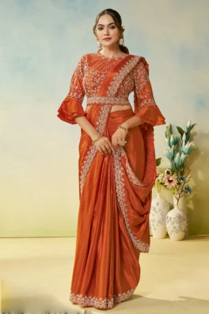 Orange Satin Silk Heavy Embroidered Ready To Wear Saree  25711