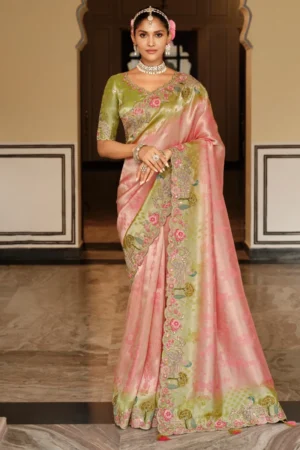 Peach Pure Jacquard Silk Pre Stitched Saree   7802