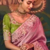 Pink Heavy Embroidered Silk Ready To Wear Saree 462 (1)