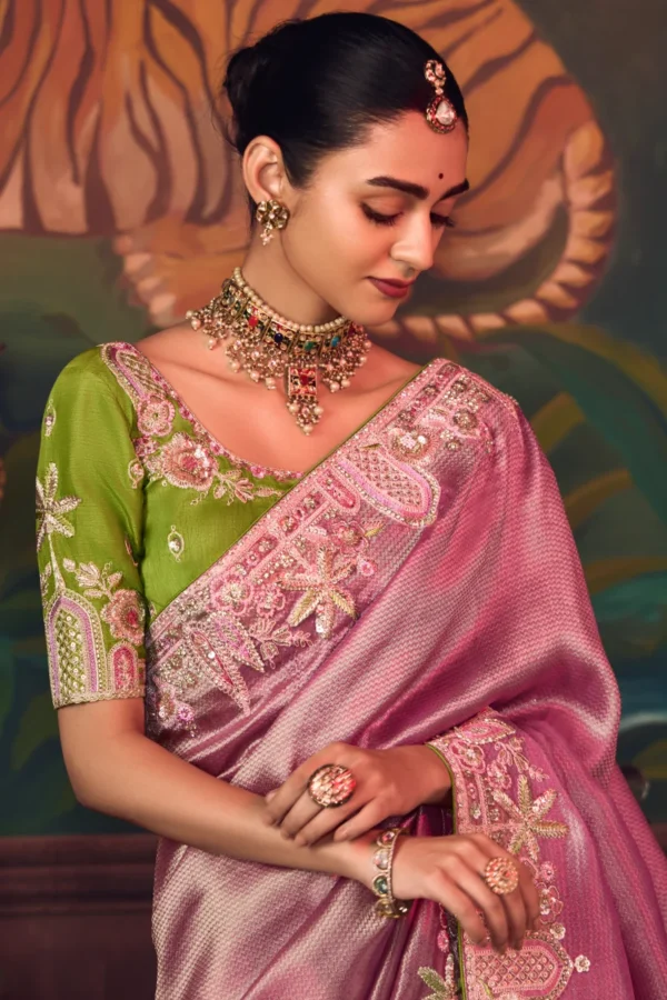 Pink Heavy Embroidered Silk Ready To Wear Saree 462 (1)