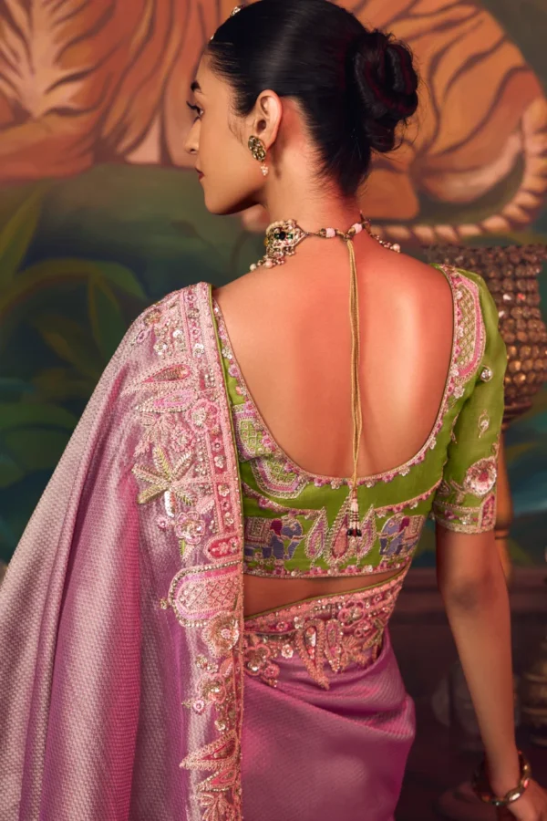 Pink Heavy Embroidered Silk Ready To Wear Saree 462 (2)