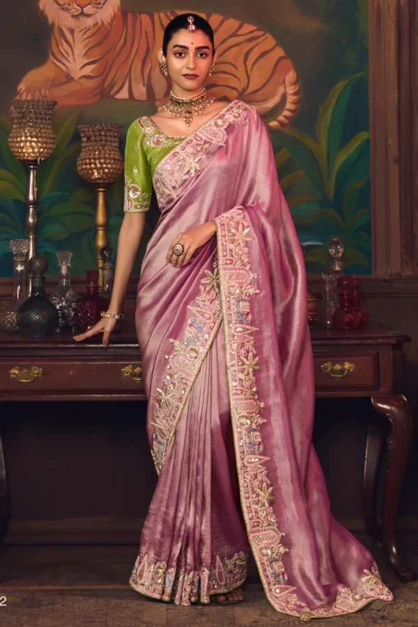 Pink Heavy Embroidered Silk Ready To Wear Saree 462