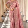 Pink Pure Jacquard Silk Pre Stitched Saree   7808