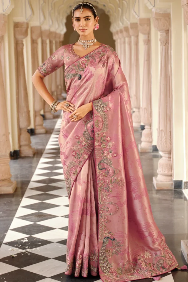 Pink Pure Jacquard Silk Pre Stitched Saree   7808