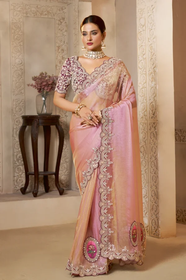 Pink Zari Organza Silk Hand Work Pre Stitched Saree   25812