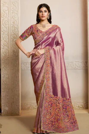 Pinkish Jacquard Handwork One Minute Saree  25815