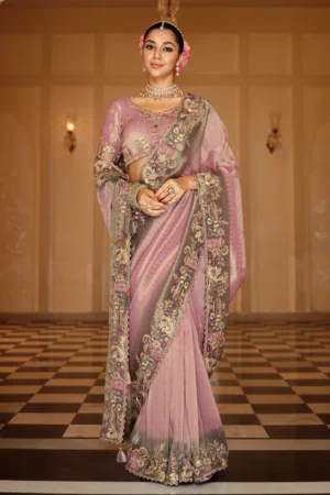 Pinkish Pure Jacquard Silk Pre Stitched Saree   7811