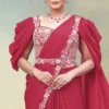 Pinkish Red Satin Silk Heavy Embroidered Ready To Wear Saree  25717 (1)