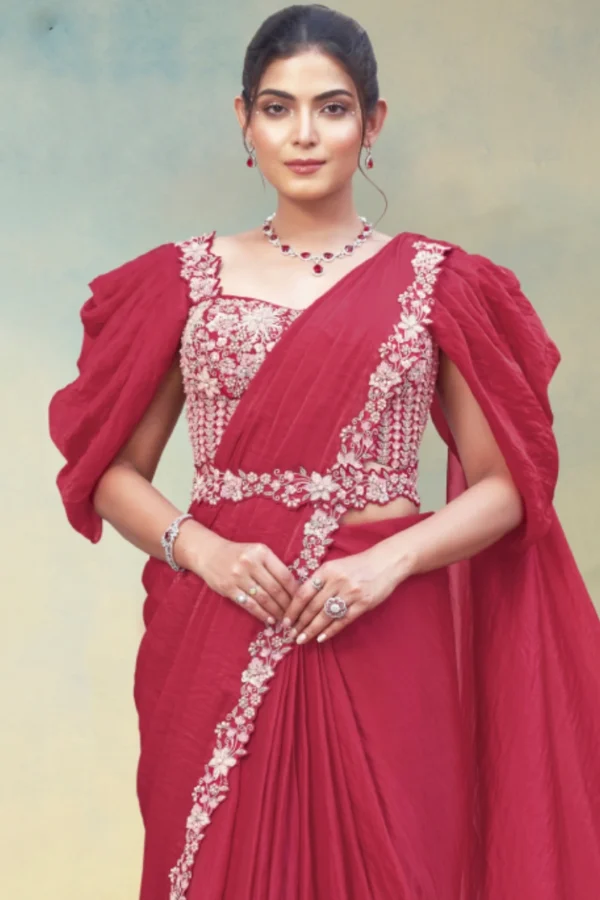 Pinkish Red Satin Silk Heavy Embroidered Ready To Wear Saree  25717 (1)