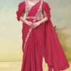 Pinkish Red Satin Silk Heavy Embroidered Ready To Wear Saree  25717