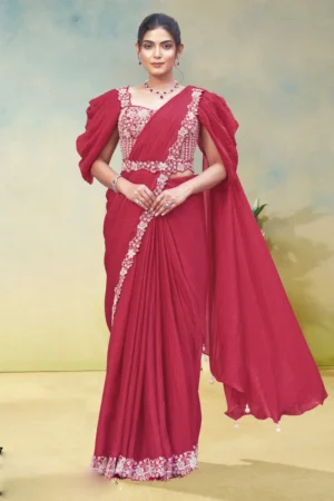 Pinkish Red Satin Silk Heavy Embroidered Ready To Wear Saree  25717