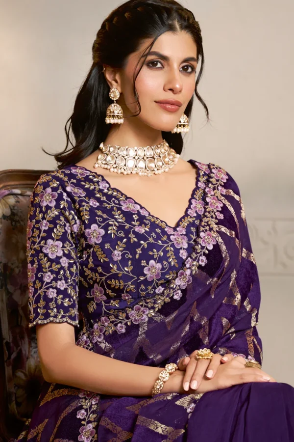 Purple Pure Jacquard Silk Handwork Pre Stitched Saree   25819 (1)