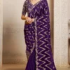 Purple Pure Jacquard Silk Handwork Pre Stitched Saree   25819