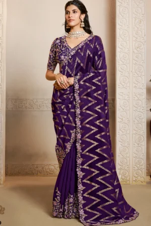 Purple Pure Jacquard Silk Handwork Pre Stitched Saree   25819