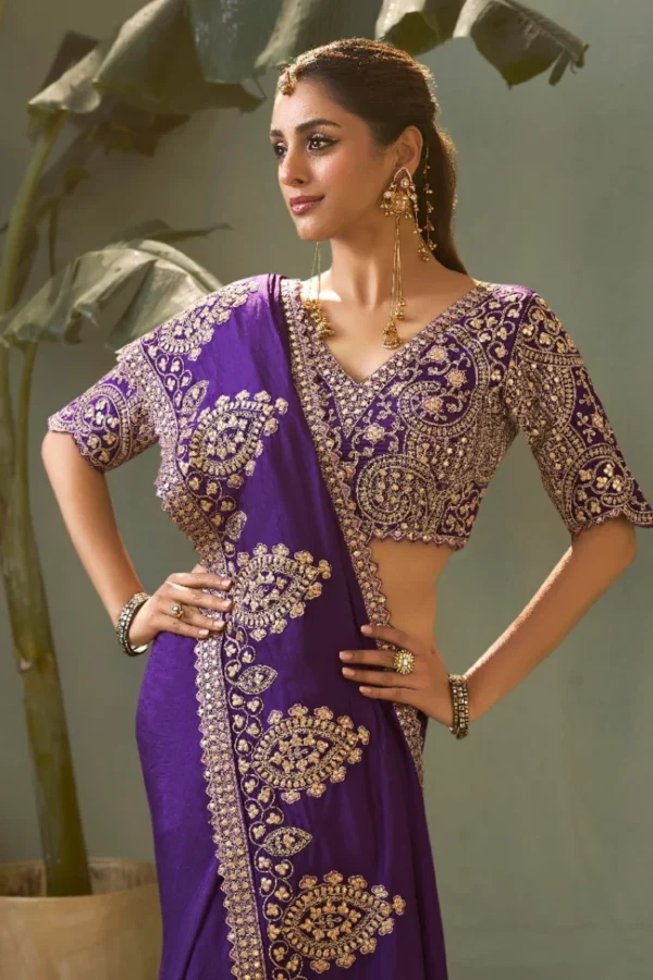 Purple Silk Zari Work Ready To Wear Saree   8103 (1)