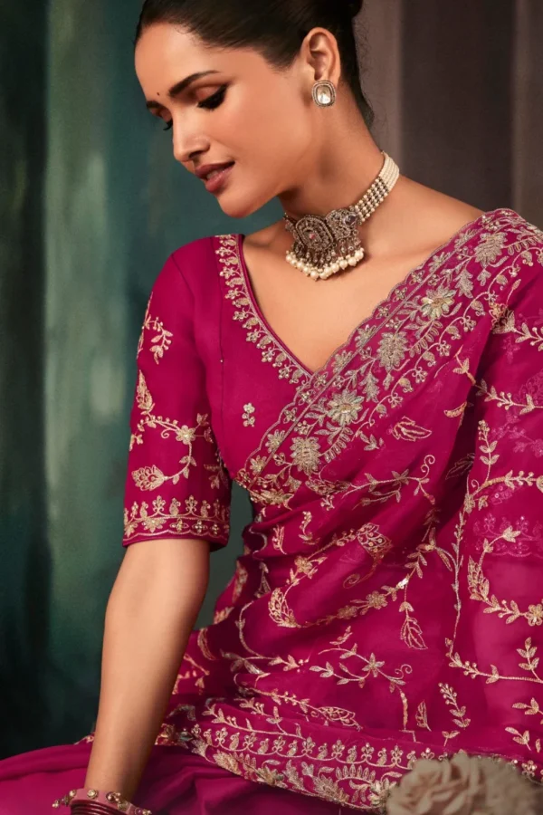 Rani Pink Pure Silk Heavy Work Pre Stitched Saree 5545 (1)