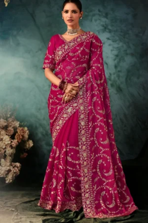 Rani Pink Pure Silk Heavy Work Pre Stitched Saree 5545