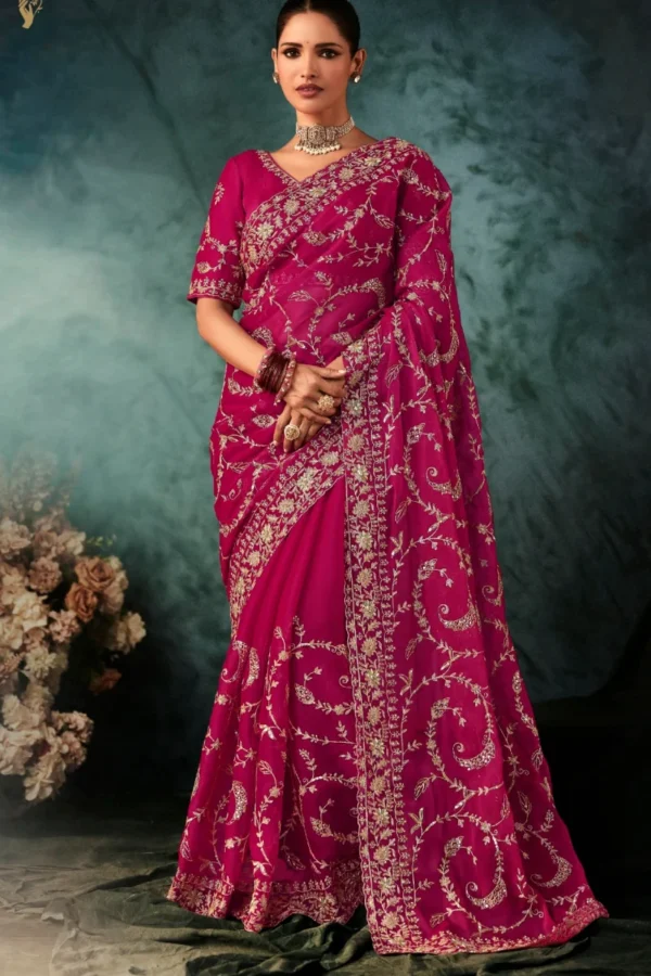 Rani Pink Pure Silk Heavy Work Pre Stitched Saree 5545