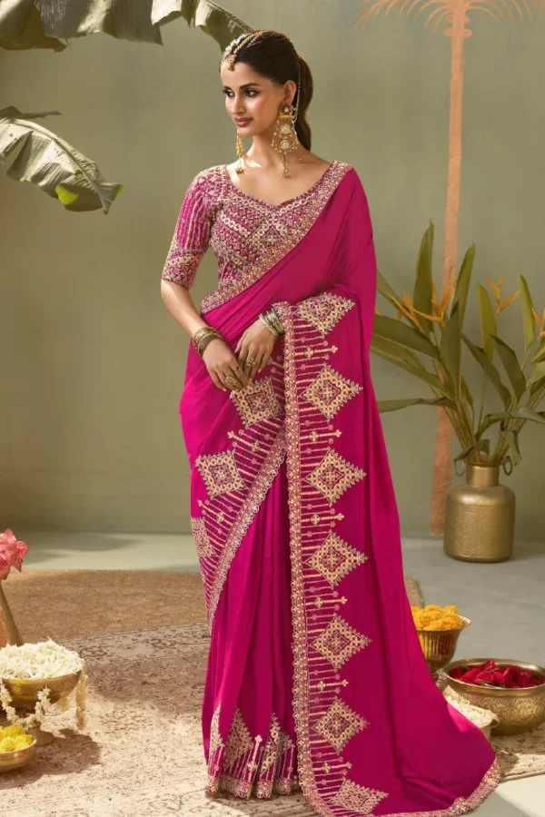 Rani Pink Silk Zari Work Ready To Wear Saree   8102